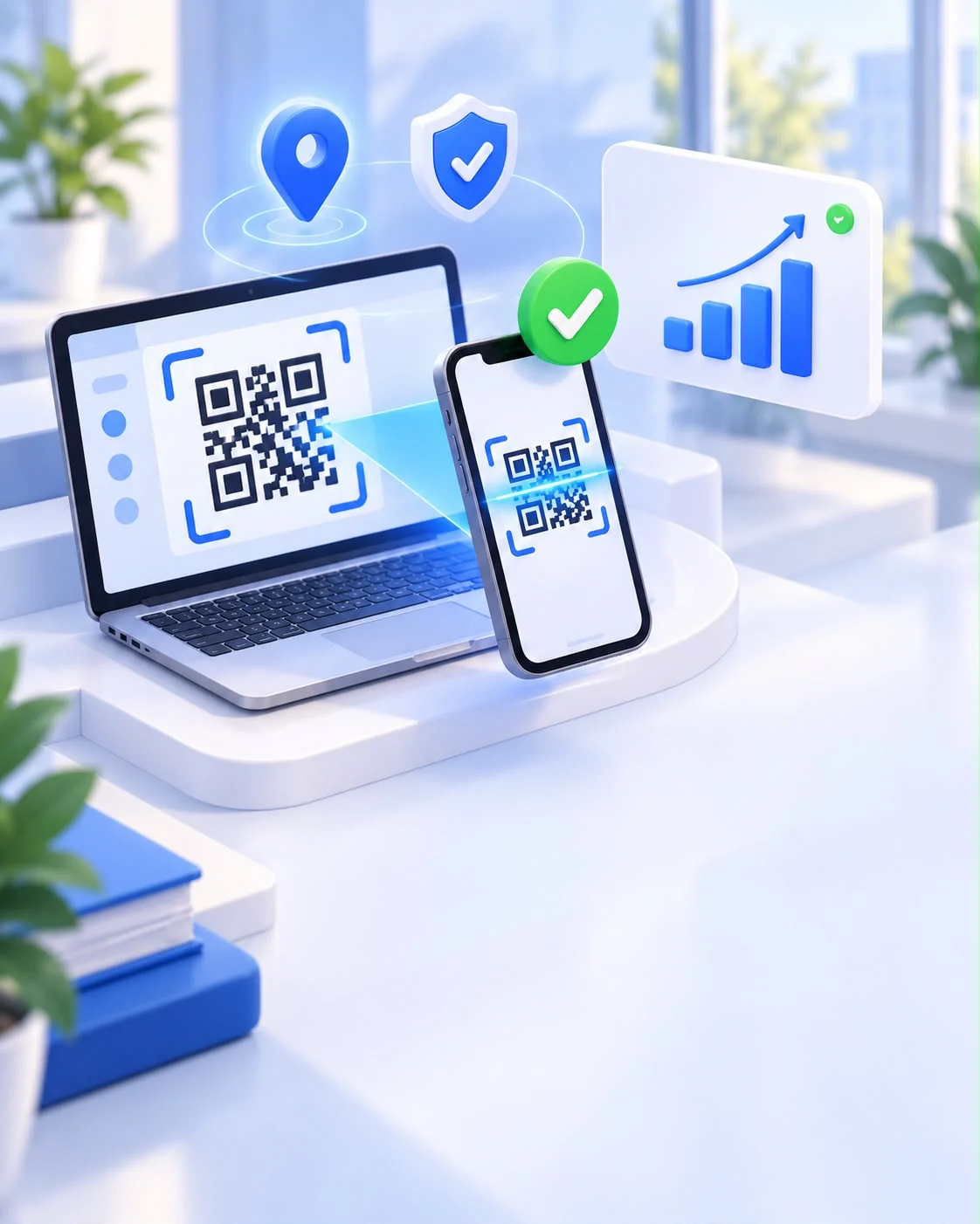 Phone scanning a QR code on a laptop, with a check badge and an attendance chart